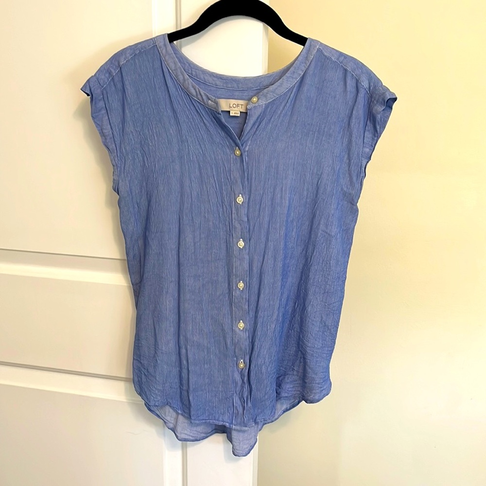 LOFT Button Up Cap Sleeve Blue Top